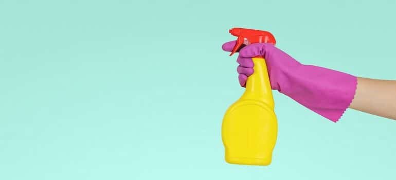 A hand in glove holding a cleaning product 