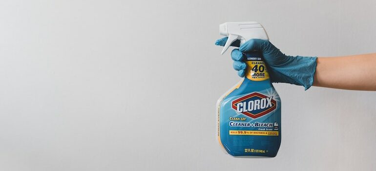 gloved hand holding a bottle of cleaning products