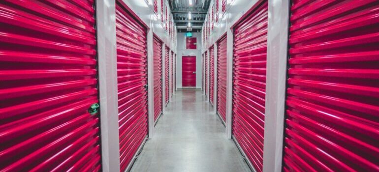 storage units with red shutter doors