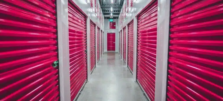 storage units with red shutter doors
