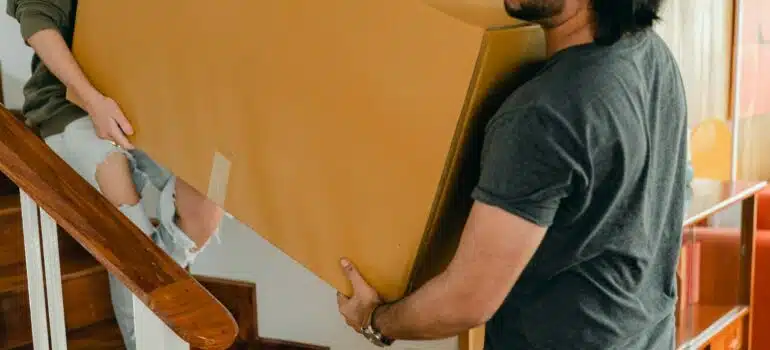 Friends carrying a cardboard box.