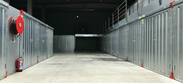 Grey metal doors of a self-storage units. 