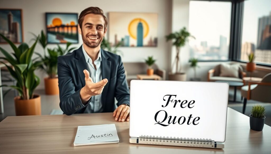 A bright and inviting office setting, featuring a professional-looking desk with a laptop open and a notepad displaying a large "Free Quote" headline in elegant typeface. In the foreground, a smiling business professional, dressed in smart business attire, gestures towards the laptop, exuding warmth and approachability. The middle ground includes plants in tasteful pots and a large window showcasing a sunny Austin skyline, creating a vibrant atmosphere. The background features a cozy waiting area with contemporary furniture and decorative artwork representing local culture. The image is bathed in soft, natural light, emphasizing a sense of optimism and readiness to assist clients in their moving journey, captured from a slightly elevated angle for a dynamic perspective. A bright and inviting office setting, featuring a professional-looking desk with a laptop open and a notepad displaying a large "Free Quote" headline in elegant typeface. In the foreground, a smiling business professional, dressed in smart business attire, gestures towards the laptop, exuding warmth and approachability. The middle ground includes plants in tasteful pots and a large window showcasing a sunny Austin skyline, creating a vibrant atmosphere. The background features a cozy waiting area with contemporary furniture and decorative artwork representing local culture. The image is bathed in soft, natural light, emphasizing a sense of optimism and readiness to assist clients in their moving journey, captured from a slightly elevated angle for a dynamic perspective.
