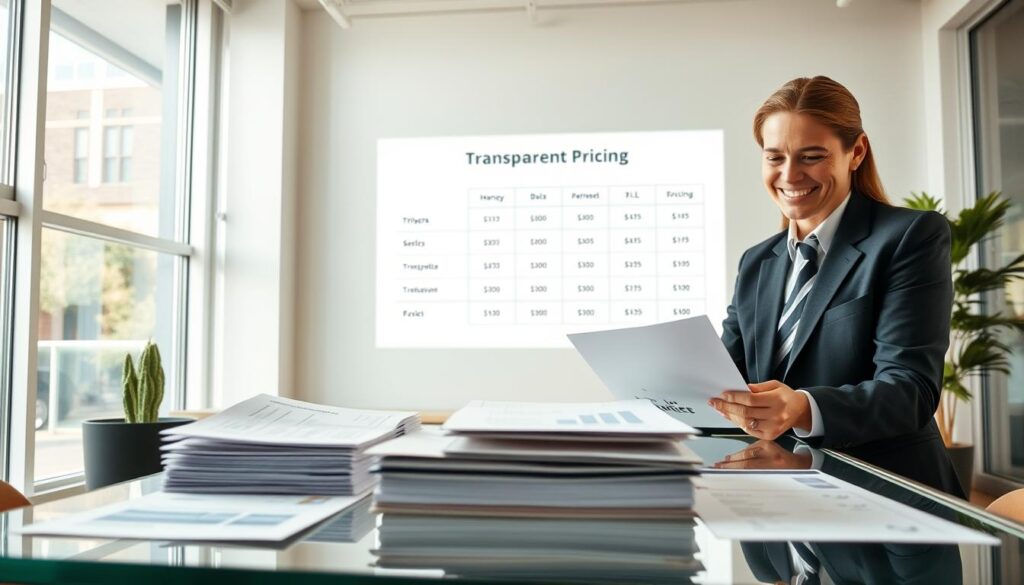 A bright and modern office setting, showcasing a transparent pricing concept for moving services. In the foreground, a clear glass table displays neatly arranged documents and honest estimates, with a professional business attire-clad person reviewing the papers and smiling, conveying trustworthiness. In the middle, a graphic of a transparent pricing structure is projected on a wall, featuring simple charts and numbers that are easy to understand. In the background, large windows allow natural light to pour in, creating an inviting atmosphere. The scene is warm and professional, with a focus on clarity and openness, encouraging a sense of reliability in the moving services offered. Use soft lighting to enhance the friendly yet professional mood.