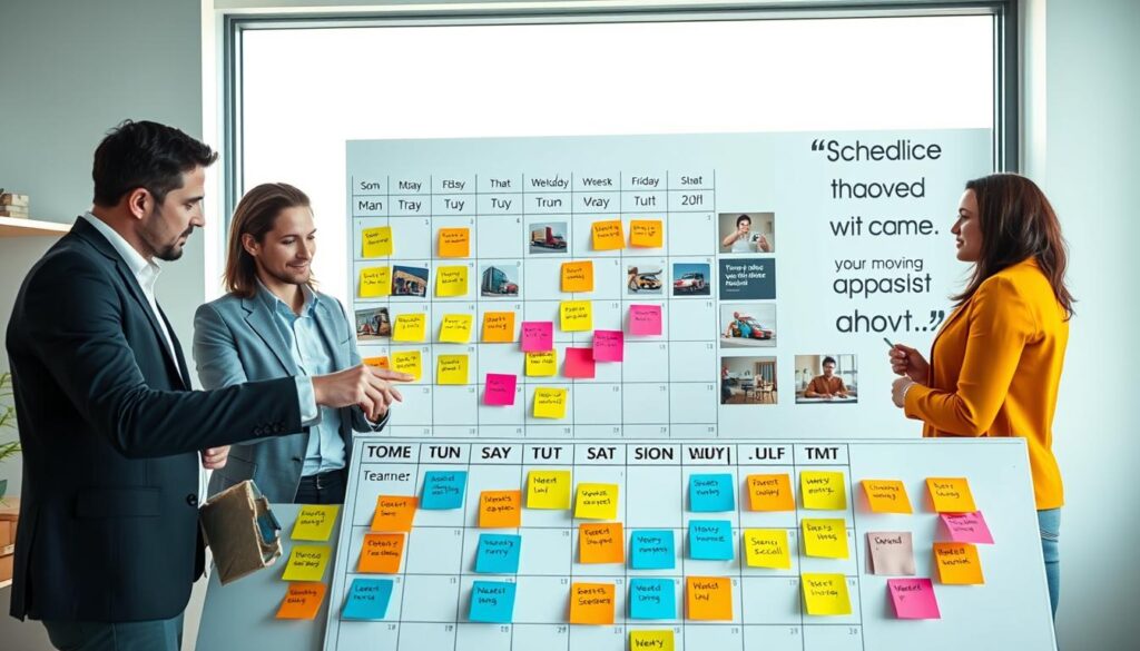 A bright and organized office environment featuring a diverse team of three professionals (two men and one woman) dressed in smart casual attire, collaborating over a modern scheduling board filled with colorful sticky notes, indicating various moving options. In the foreground, one person points at a specific date, while another takes notes. The middle ground showcases a large wall calendar displaying short-notice, weekday, and weekend slots filled in, with images of moving trucks and homes subtly integrated. The background includes a window with natural light streaming in, illuminating a motivational quote about teamwork. The overall mood is productive and positive, capturing a sense of urgency and planning, with a clean and polished look suitable for a professional article illustration.