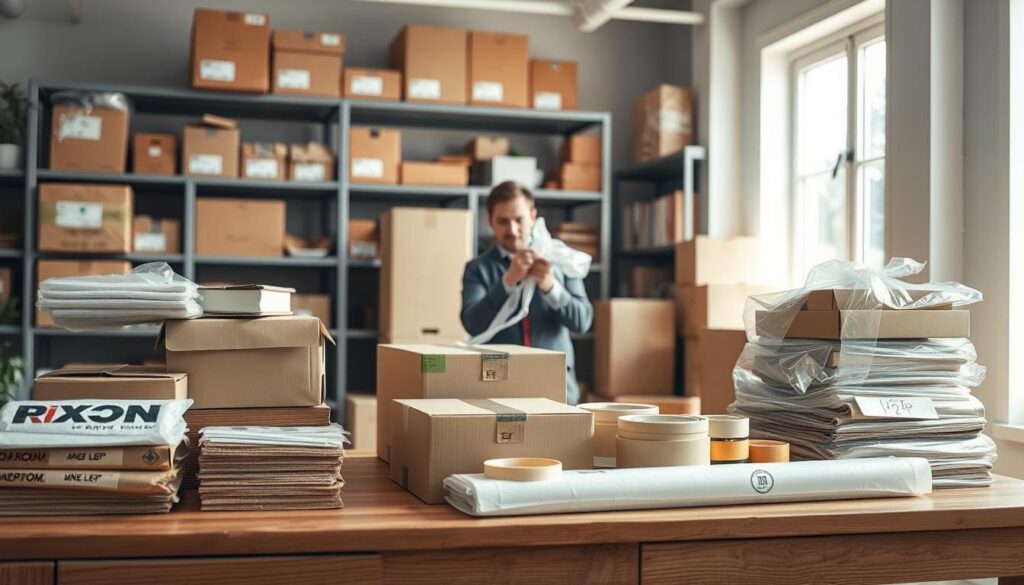 A bright and organized packing service environment, featuring a large wooden table in the foreground stacked with neatly arranged packing supplies, including boxes of various sizes, bubble wrap, and packing tape. In the middle, a professional moving team member, dressed in smart casual attire, is carefully wrapping fragile items in bubble wrap, demonstrating attention to detail and safety. In the background, shelves filled with labeled boxes and packing materials create a sense of order and preparedness. Soft, natural lighting filters through a nearby window, casting gentle shadows and adding warmth to the scene. The overall mood is focused and efficient, embodying the theme of a smooth and organized moving process. A bright and organized packing service environment, featuring a large wooden table in the foreground stacked with neatly arranged packing supplies, including boxes of various sizes, bubble wrap, and packing tape. In the middle, a professional moving team member, dressed in smart casual attire, is carefully wrapping fragile items in bubble wrap, demonstrating attention to detail and safety. In the background, shelves filled with labeled boxes and packing materials create a sense of order and preparedness. Soft, natural lighting filters through a nearby window, casting gentle shadows and adding warmth to the scene. The overall mood is focused and efficient, embodying the theme of a smooth and organized moving process.