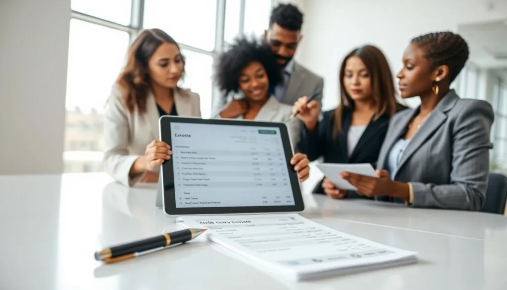 A bright, professional setting showcasing a clean and modern office environment with a clear focus on a large desk. In the foreground, a well-organized notepad and a stylish pen lay next to a digital tablet displaying a detailed quote estimate for moving services. The middle ground features a confident, diverse group of three individuals in business attire, deeply engaged in discussion as they review the estimate; one person points at the tablet, while another takes notes. In the background, a large window allows natural light to stream in, illuminating the room and conveying a sense of transparency and trust. The overall mood is one of professionalism and clarity, emphasizing the importance of accurate pricing in the moving industry.