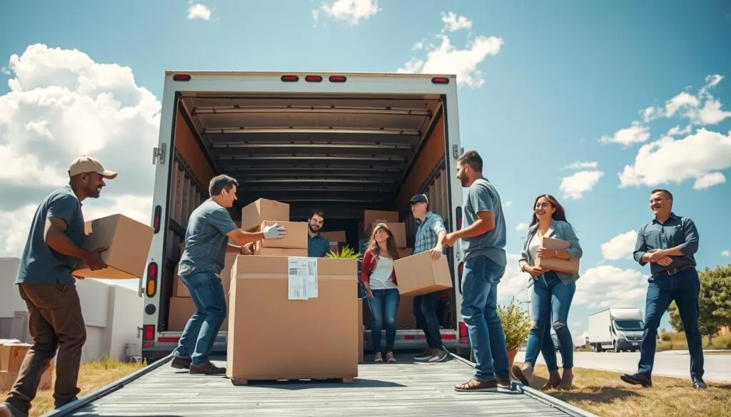 A bright sunny day in Austin transitioning to Lubbock for a moving day scene. In the foreground, a diverse team of professional movers in modest yet professional clothing is expertly loading neatly packed boxes into a modern moving truck. The middle ground features a family watching and smiling, surrounded by packed items like furniture and plants, conveying excitement and activity. In the background, a clear blue sky with white clouds, hinting at the open highways leading from Austin to Lubbock. The lighting is warm and inviting, capturing a sense of optimism and ease during the busy day. The angle is slightly low, creating a dynamic perspective that emphasizes the teamwork and professionalism of the movers amidst the bustling atmosphere.