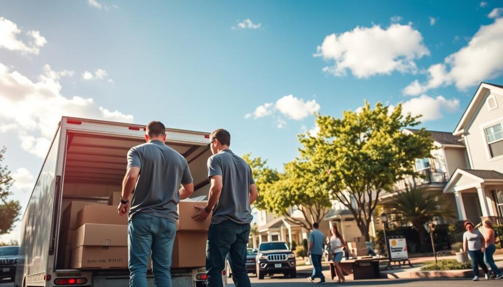 A bustling Austin neighborhood showcasing a professional moving service in action. In the foreground, a team of two movers in modest casual clothing carefully loading boxes onto a well-maintained moving truck, showcasing organization and teamwork. In the middle ground, a sunny street with charming houses typical of River Place, with trees lining the road and friendly neighbors observing the process. The background features a bright blue sky with scattered clouds, illuminating the scene with warm, natural light. The atmosphere is lively and efficient, conveying a sense of professionalism and care in the moving process, emphasizing the tailored service for neighborhood residents.