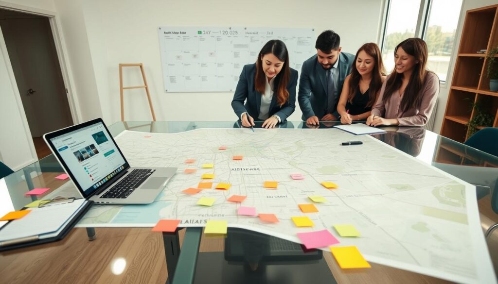A bustling apartment move planning scene, featuring a diverse group of three professionals in business casual attire gathered around a large, detailed map of the Austin-Kyle area on a sleek glass table. In the foreground, colorful sticky notes, a laptop displaying a planning app, and a clipboard with checklists highlight their meticulous organization. In the middle ground, a well-structured wall calendar with visible timelines, marked dates, and tasks adds to the planning ambiance. In the background, a bright window allows warm, natural light to illuminate the space, enhancing the inviting atmosphere. The setting is an airy, modern office with minimalist decor, conveying a sense of reliability and teamwork essential for smooth apartment moves. The overall mood is focused and collaborative, showcasing the dedication of a local moving team to accommodate client timelines.