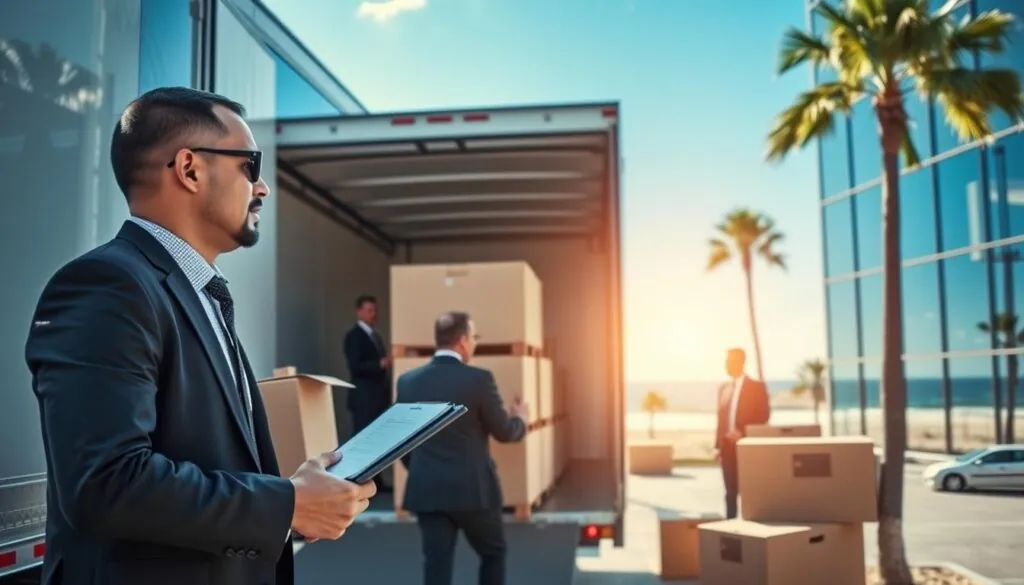 A bustling commercial moving scene in Corpus Christi, showcasing professional movers dressed in smart business attire, carefully loading sturdy boxes and office furniture onto a large moving truck. In the foreground, a mover is checking off items on a clipboard, ensuring a smooth transition for the clients. The midground features a modern office building with glass windows reflecting the vibrant blue sky, while a beach and palm trees subtly hint at the coastal location. Soft sunlight bathes the scene, creating a warm and inviting atmosphere. The angle is slightly elevated, capturing the organized chaos of the move, with a focus on efficiency and teamwork, evoking a sense of reliability and professionalism.