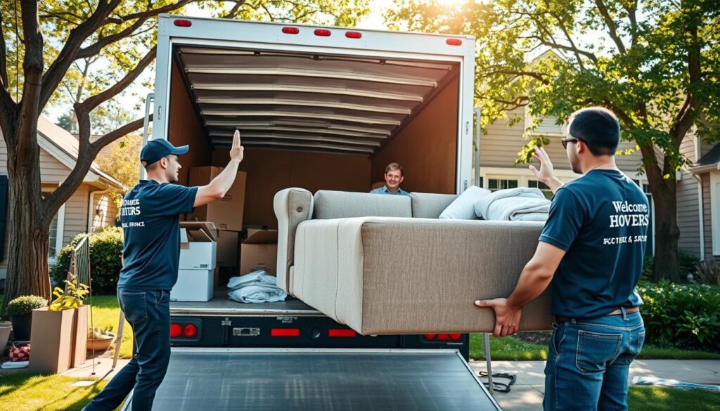 A bustling full-service moving company scene capturing a team of professional movers in action. In the foreground, two movers in company-branded uniforms carefully lift a large couch onto a moving truck. The middle ground features the moving truck, open with packing supplies like boxes, bubble wrap, and blankets neatly arranged. In the background, a residential home with a welcoming facade, showing a family waving goodbye as they prepare for their move. Bright, natural sunlight filters through the trees, creating a warm, inviting atmosphere. The scene conveys reliability and teamwork, showcasing the dedication to customer service in a vibrant suburban setting. Shot from a slightly elevated angle with a wide lens to encompass the full scope of the moving process.