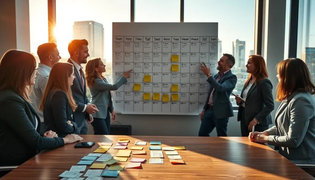 A bustling modern office space, with a large wooden table in the foreground covered in colorful sticky notes and detailed charts outlining a moving timeline. In the middle ground, a diverse team of professionals dressed in business attire engages in animated discussion, pointing at a large wall calendar marked with various moving dates and deadlines. The background features a window with a view of the Austin skyline, bathed in warm afternoon sunlight that casts soft shadows, creating an inviting atmosphere. The composition emphasizes teamwork and strategic planning, capturing the essence of a well-organized move, with dynamic energy and focus on preparation for moving day.