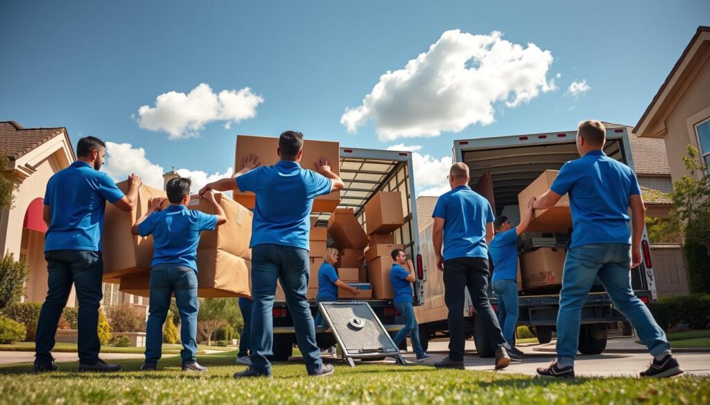 A bustling move day scene set in a suburban neighborhood, showcasing professional movers engaged in a seamless transition. In the foreground, a diverse team of movers in matching blue uniforms carefully lifting furniture from an elegant home. They display teamwork and efficiency. In the middle ground, a moving truck is parked with its back open, filled with neatly stacked boxes and furniture, displaying organizational skills. In the background, a sunny Austin sky with a few fluffy clouds enhances the energy of the day. The lighting is bright and cheerful, casting soft shadows, suggesting an inviting, friendly atmosphere. The angle is slightly elevated, providing a comprehensive view of the organized chaos of moving day, highlighting the professionalism and care that Heavenly Moving embodies.