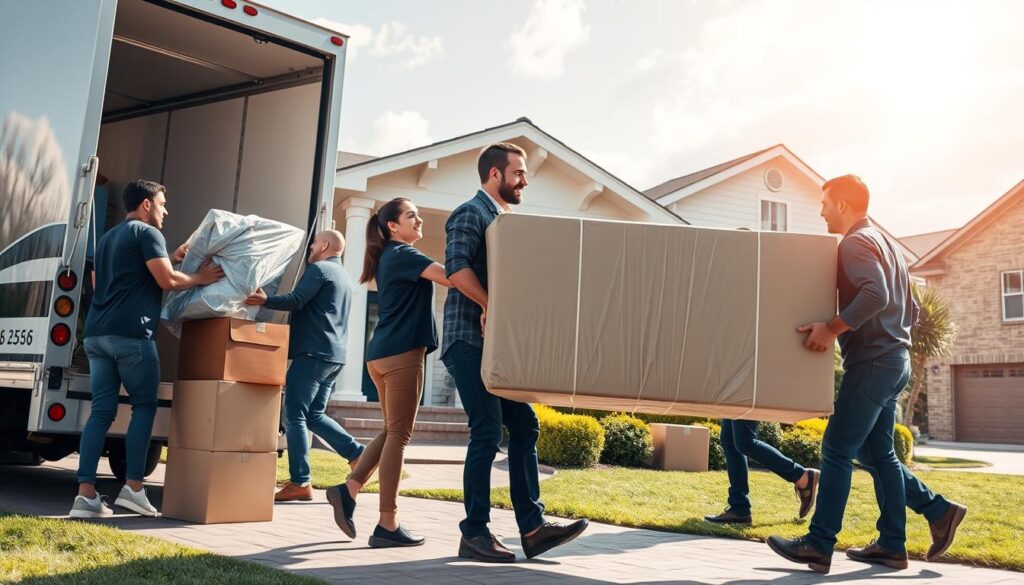 A bustling moving company scene depicting a team of professional movers in smart casual attire, carefully loading and unloading boxes from a well-branded moving truck. In the foreground, a diverse group of movers, including a woman and two men, is seen lifting a large, wrapped piece of furniture, showcasing teamwork and efficiency. In the middle, a tidy suburban home with a manicured lawn serves as the backdrop, and a few packed cardboard boxes are neatly arranged on the porch. The background features a sunny Texas sky with soft clouds, suggesting a warm day. Lighting is bright and natural, emphasizing professionalism and reliability, captured from a dynamic angle that highlights the action and movement. The mood is energetic and organized, reflective of a premium moving service.