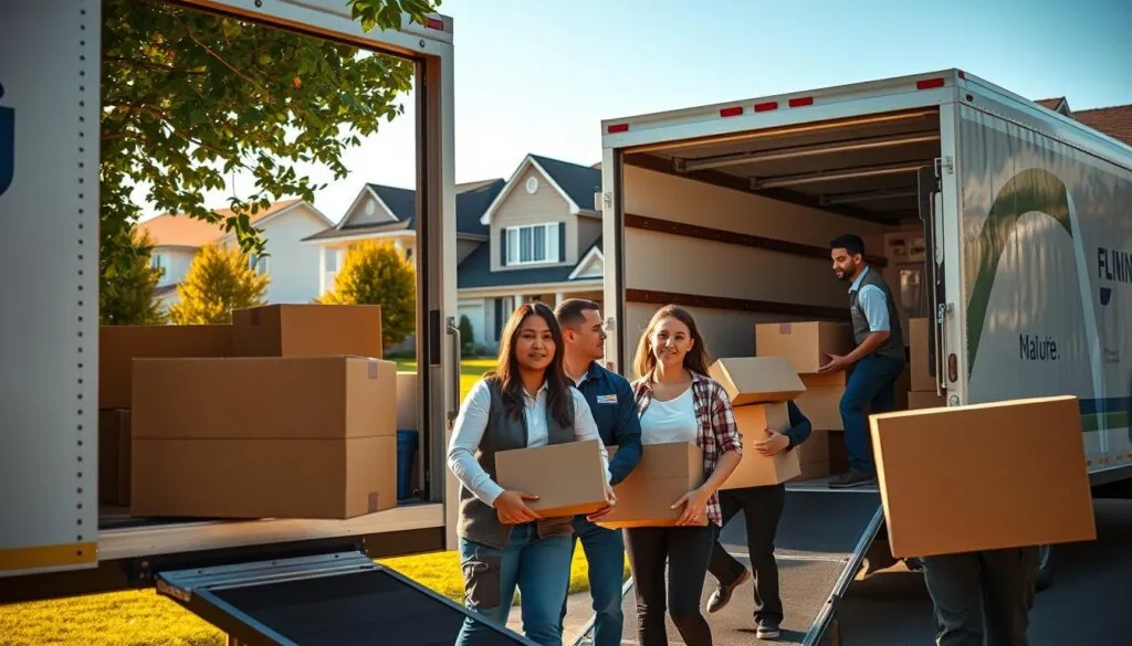 A bustling moving company scene showcasing a full-service moving experience. In the foreground, a diverse team of professional movers in smart uniforms carefully packing and loading household items into a well-branded moving truck. In the middle ground, a family of four watches with relief as their belongings are securely handled, conveying a sense of trust. In the background, a suburban neighborhood with green lawns and homes, bathed in warm, golden sunlight, evoking a feeling of comfort and reliability. A clear blue sky enhances the cheerful atmosphere. The composition is shot from a slightly elevated angle to capture both the action of the movers and the appreciative expressions of the family, creating a harmonious and engaging image. A bustling moving company scene showcasing a full-service moving experience. In the foreground, a diverse team of professional movers in smart uniforms carefully packing and loading household items into a well-branded moving truck. In the middle ground, a family of four watches with relief as their belongings are securely handled, conveying a sense of trust. In the background, a suburban neighborhood with green lawns and homes, bathed in warm, golden sunlight, evoking a feeling of comfort and reliability. A clear blue sky enhances the cheerful atmosphere. The composition is shot from a slightly elevated angle to capture both the action of the movers and the appreciative expressions of the family, creating a harmonious and engaging image.