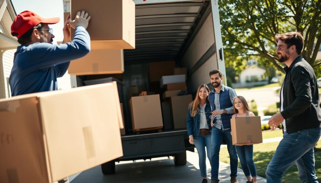 A bustling moving day scene at a suburban home, capturing the transition of families and belongings. In the foreground, a team of two professional movers in smart casual attire, carefully lifting a large cardboard box into a truck. The middle ground showcases a moving truck, partially loaded, with furniture and household items stacked neatly. A family, dressed in casual yet tidy clothing, stands nearby, observing the process with smiles and a sense of anticipation. In the background, a sunny suburban street with green lawns and trees, evoking a sense of warm community and new beginnings. The lighting is bright and cheerful, hinting at a sunny day, enhancing the mood of optimism and excitement for the journey ahead. The angle is slightly elevated, providing a clear overview of the entire scene. A bustling moving day scene at a suburban home, capturing the transition of families and belongings. In the foreground, a team of two professional movers in smart casual attire, carefully lifting a large cardboard box into a truck. The middle ground showcases a moving truck, partially loaded, with furniture and household items stacked neatly. A family, dressed in casual yet tidy clothing, stands nearby, observing the process with smiles and a sense of anticipation. In the background, a sunny suburban street with green lawns and trees, evoking a sense of warm community and new beginnings. The lighting is bright and cheerful, hinting at a sunny day, enhancing the mood of optimism and excitement for the journey ahead. The angle is slightly elevated, providing a clear overview of the entire scene.