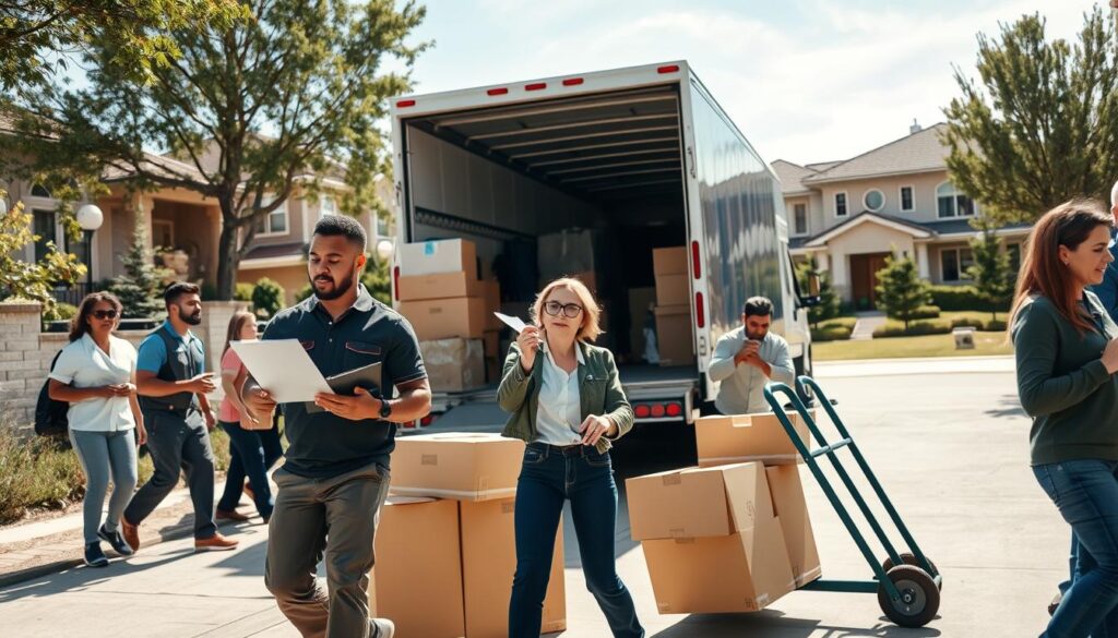 A bustling moving process scene showcasing professional movers in action, representing the journey from receiving an instant quote to the success of move day. In the foreground, a diverse group of movers in professional attire, including a man checking a clipboard and a woman carefully packing items into a truck. In the middle ground, a large moving truck is parked, with boxes stacked neatly around it and a dolly being used. The background features a residential setting in Steiner Ranch, with modern homes and lush greenery under bright, natural sunlight. The atmosphere is energetic and organized, depicting teamwork and efficiency. The angle captures both the movers and the truck, with a slight upward tilt to emphasize the scale and activity of the scene. A bustling moving process scene showcasing professional movers in action, representing the journey from receiving an instant quote to the success of move day. In the foreground, a diverse group of movers in professional attire, including a man checking a clipboard and a woman carefully packing items into a truck. In the middle ground, a large moving truck is parked, with boxes stacked neatly around it and a dolly being used. The background features a residential setting in Steiner Ranch, with modern homes and lush greenery under bright, natural sunlight. The atmosphere is energetic and organized, depicting teamwork and efficiency. The angle captures both the movers and the truck, with a slight upward tilt to emphasize the scale and activity of the scene.