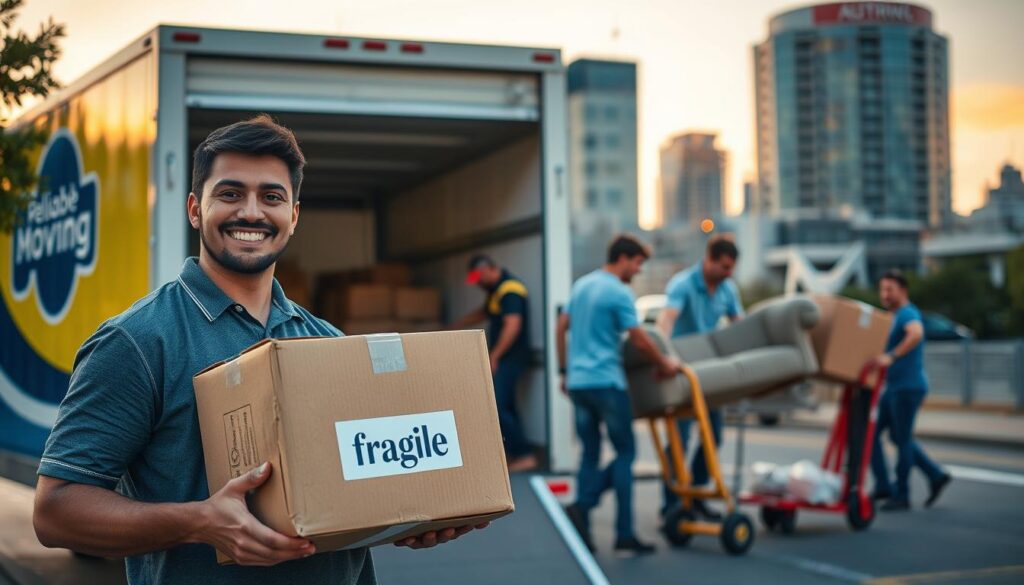 A bustling moving scene in Austin at sunrise, showcasing a reliable moving company at work. In the foreground, a friendly professional mover in a branded shirt neatly packs a box labeled "Fragile" into a vibrant, well-maintained moving truck adorned with the company's logo. In the middle ground, a diverse team of movers collaborates efficiently, one carrying a couch and another loading a dolly with boxes. The background features Austin’s iconic skyline, illuminated by the warm glow of early morning light. The atmosphere conveys a sense of trust and professionalism, highlighting the focus on customer satisfaction. The lens captures a slightly wide-angle view to emphasize the teamwork and the urban environment, with soft, natural lighting enhancing the overall clarity and warmth of the scene.