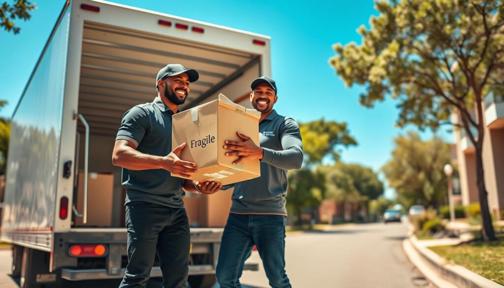 A bustling moving scene set in Austin, Texas, showcasing professional movers loading boxes into a clean, white moving truck. Foreground: two movers, a diverse pair in smart, branded uniforms, carefully lifting a large cardboard box marked with "Fragile." Middle: the moving truck is parked on a sunny street, surrounded by typical Austin architecture with green trees lining the road. Background: a clear blue sky suggests a bright, cheerful day. The lighting is warm and inviting, highlighting the enthusiasm of the movers as they work together efficiently. The atmosphere conveys a sense of reliability and professionalism, ideal for a fast and affordable moving service. A bustling moving scene set in Austin, Texas, showcasing professional movers loading boxes into a clean, white moving truck. Foreground: two movers, a diverse pair in smart, branded uniforms, carefully lifting a large cardboard box marked with "Fragile." Middle: the moving truck is parked on a sunny street, surrounded by typical Austin architecture with green trees lining the road. Background: a clear blue sky suggests a bright, cheerful day. The lighting is warm and inviting, highlighting the enthusiasm of the movers as they work together efficiently. The atmosphere conveys a sense of reliability and professionalism, ideal for a fast and affordable moving service.