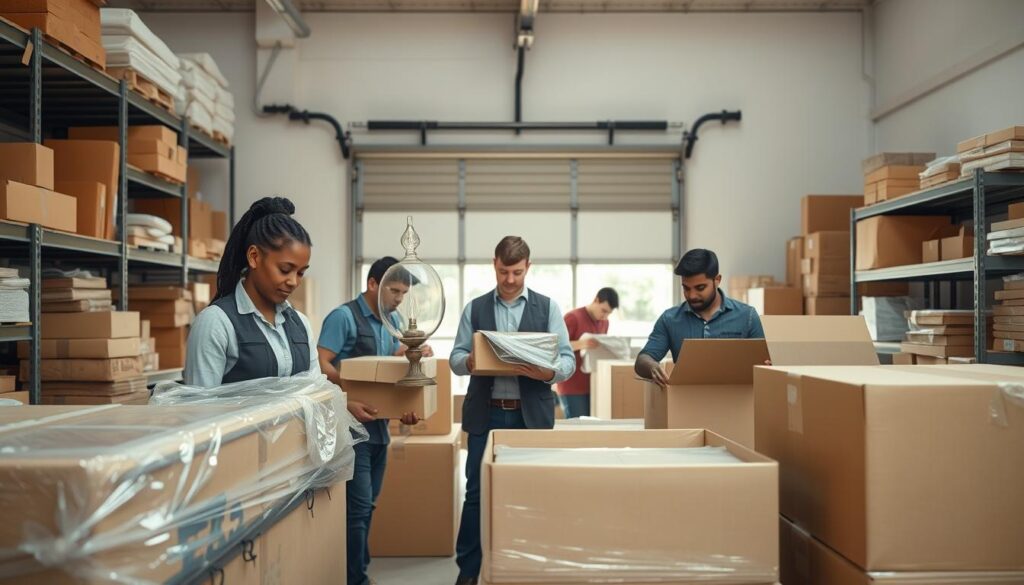 A bustling packing service scene in a bright and organized warehouse, showcasing professional movers carefully wrapping and boxing household items. In the foreground, a diverse team of movers in smart casual clothing is meticulously packing a vintage lamp and fragile dishware into sturdy boxes, highlighting attention to detail. In the middle ground, shelves filled with various packing materials—bubble wrap, cardboard boxes, and markers—create a sense of preparation and efficiency. The background features an open garage door with sunlight streaming in, illuminating the space and adding warmth. The atmosphere is focused and efficient, reflecting a trustworthy and customer-oriented moving service, with a sense of teamwork and professionalism emphasized through soft yet clear lighting at a wide angle. A bustling packing service scene in a bright and organized warehouse, showcasing professional movers carefully wrapping and boxing household items. In the foreground, a diverse team of movers in smart casual clothing is meticulously packing a vintage lamp and fragile dishware into sturdy boxes, highlighting attention to detail. In the middle ground, shelves filled with various packing materials—bubble wrap, cardboard boxes, and markers—create a sense of preparation and efficiency. The background features an open garage door with sunlight streaming in, illuminating the space and adding warmth. The atmosphere is focused and efficient, reflecting a trustworthy and customer-oriented moving service, with a sense of teamwork and professionalism emphasized through soft yet clear lighting at a wide angle.