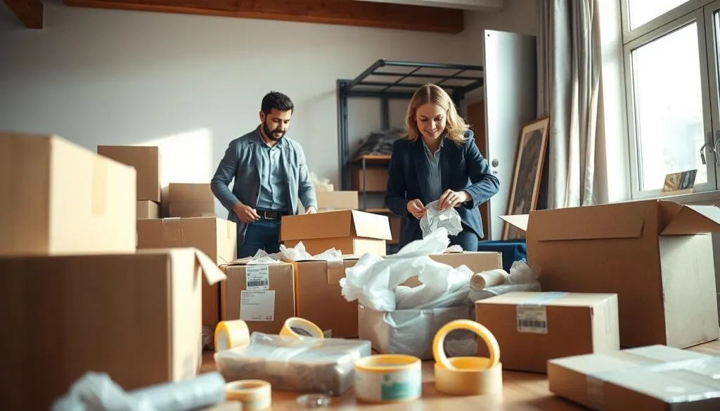 A bustling packing service scene set in a bright, well-lit room, with two professionals—one male and one female—dressed in smart casual attire, efficiently packing various household items into boxes. In the foreground, detailed cardboard boxes, neatly labeled, along with bubble wrap and packing tape lie scattered. In the middle ground, the movers are carefully wrapping fragile items like glassware and artwork, displaying focused expressions. The background features a partially packed moving truck, emphasizing the process of relocation. The scene is illuminated by natural light streaming through a nearby window, creating a warm and inviting atmosphere. The camera angle is slightly tilted to provide depth and perspective, showcasing the organized chaos of a busy packing day.