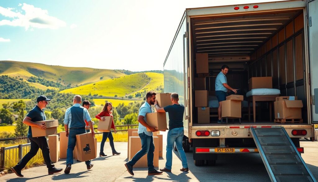 A bustling scene depicting professional movers in action during an Austin to Round Mountain relocation. In the foreground, a diverse team of movers in smart casual attire, carefully loading a moving truck with boxes and furniture, demonstrating teamwork and efficiency. The middle ground features a well-equipped moving truck with the Texas Hill Country in the background, showcasing rolling hills and vibrant green landscapes under a bright blue sky. The lighting is warm and inviting, capturing the essence of a sunny day in Texas. A wide-angle lens perspective enhances the feeling of space and movement, creating an atmosphere of excitement and anticipation for the move.
