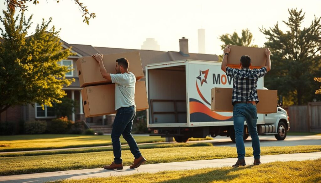 A bustling scene depicting professional movers transporting household items from Austin to Denton. In the foreground, two movers in modest casual clothing expertly lift furniture, showcasing their teamwork and efficiency. The middle layer features a moving truck, branded with the name "Texas Movers," parked by a charming suburban home with lush greenery. In the background, the skyline of Denton is visible, suggesting the journey is coming to an end. Soft afternoon sunlight bathes the scene, creating a warm and inviting atmosphere. The composition is captured from a slightly elevated angle, emphasizing the action of the movers while providing a clear view of the surroundings. The overall mood conveys reliability and professionalism in the moving industry.