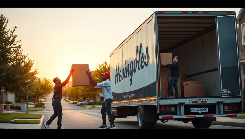 A bustling scene illustrating a professional moving process from Austin to Arlington. In the foreground, a diverse team of three movers in smart casual clothing carefully lifts a large, well-packed cardboard box onto a moving truck. The middle ground showcases a modern truck displaying the company logo, parked on a suburban street lined with green trees and warm, inviting homes. In the background, the sun sets, casting a golden hue over the homes, symbolizing a new beginning. The scene is lively, with soft natural lighting that conveys a sense of professionalism and trust. The angle should be slightly overhead to capture the entire operation effectively, focusing on the teamwork and coordination of the movers.