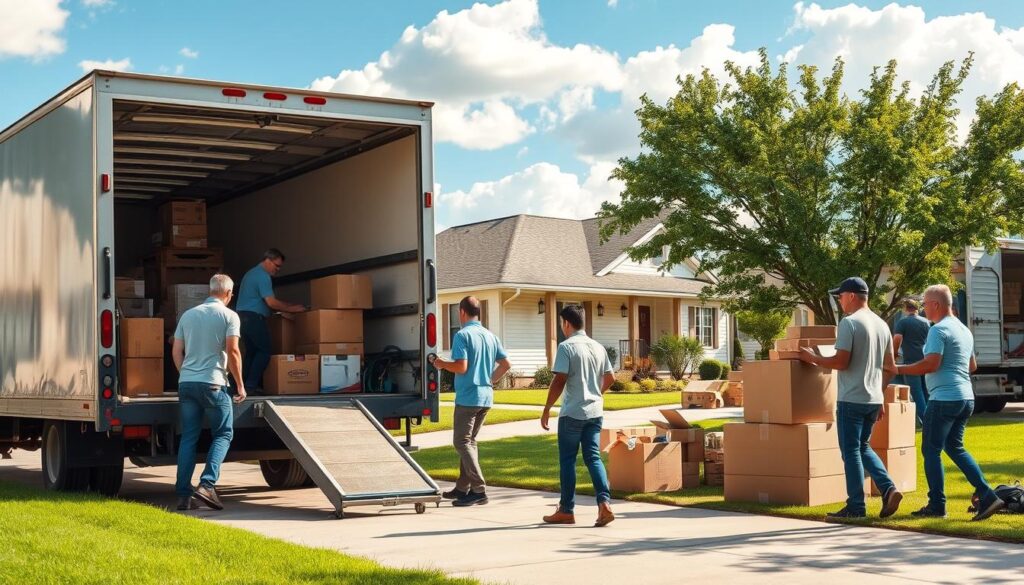 A bustling suburban scene depicting a residential moving experience from Austin to Waco. In the foreground, a professional moving crew in modest casual attire carefully loads boxes into a moving truck parked on a driveway. The crew members are actively engaged, showcasing teamwork and efficiency. In the middle ground, a cozy, single-story home is visible, with a lush green lawn and moving boxes stacked nearby. The background features a clear blue sky with fluffy clouds, hinting at a bright, sunny day. Soft, natural lighting casts gentle shadows, creating a welcoming atmosphere. The image captures the essence of a smooth transition from one home to another, emphasizing reliability and professionalism in the moving process. A bustling suburban scene depicting a residential moving experience from Austin to Waco. In the foreground, a professional moving crew in modest casual attire carefully loads boxes into a moving truck parked on a driveway. The crew members are actively engaged, showcasing teamwork and efficiency. In the middle ground, a cozy, single-story home is visible, with a lush green lawn and moving boxes stacked nearby. The background features a clear blue sky with fluffy clouds, hinting at a bright, sunny day. Soft, natural lighting casts gentle shadows, creating a welcoming atmosphere. The image captures the essence of a smooth transition from one home to another, emphasizing reliability and professionalism in the moving process.