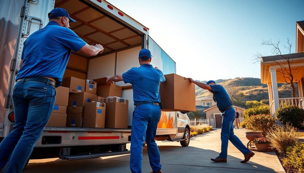 A bustling, sunlit scene depicting local movers expertly loading a truck outside a charming home in Austin, Texas. In the foreground, two professional movers, dressed in neat blue uniforms, carefully lift a sturdy piece of furniture towards the moving truck, showcasing teamwork and efficiency. In the middle ground, the truck is parked with its door open, revealing neatly organized boxes labeled with colorful markers, symbolizing a smooth and organized process. The background features the iconic Texas landscape with rolling hills and clear blue skies. The atmosphere is vibrant and energetic, conveying a sense of community trust and professionalism. Shot with a warm golden hour lighting, giving a welcoming and friendly vibe. A bustling, sunlit scene depicting local movers expertly loading a truck outside a charming home in Austin, Texas. In the foreground, two professional movers, dressed in neat blue uniforms, carefully lift a sturdy piece of furniture towards the moving truck, showcasing teamwork and efficiency. In the middle ground, the truck is parked with its door open, revealing neatly organized boxes labeled with colorful markers, symbolizing a smooth and organized process. The background features the iconic Texas landscape with rolling hills and clear blue skies. The atmosphere is vibrant and energetic, conveying a sense of community trust and professionalism. Shot with a warm golden hour lighting, giving a welcoming and friendly vibe.
