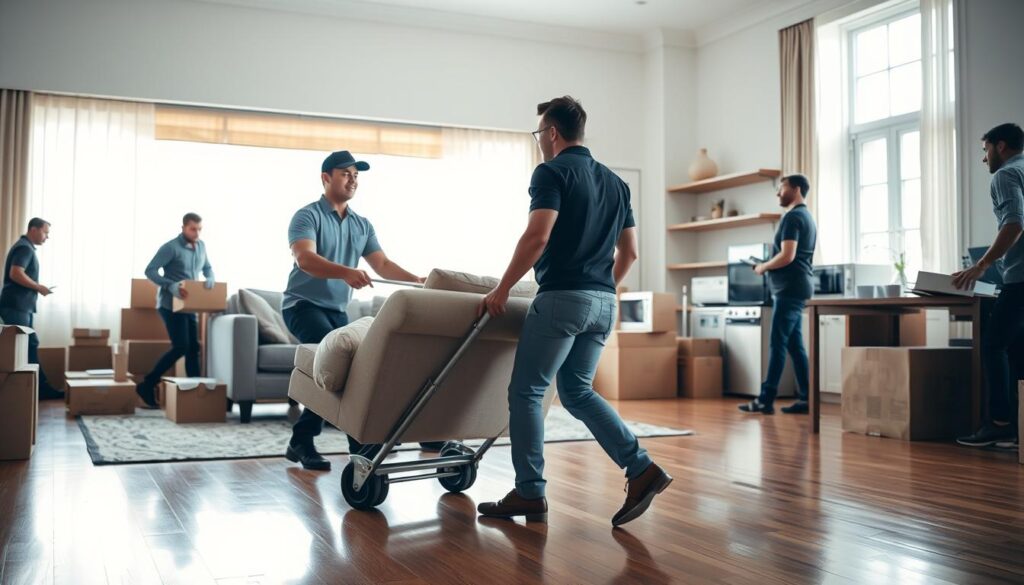 A busy indoor moving scene depicting professional movers carefully handling large furniture items, including a sofa and an elegant wooden dining table. In the foreground, two movers, dressed in smart casual attire, are using a dolly to maneuver a heavy piece of furniture. The middle ground shows a well-lit, spacious living room with packed boxes, a large window allowing natural light to stream in, and a polished wooden floor that reflects the light. In the background, subtle silhouettes of more movers can be seen organizing smaller appliances and items. The atmosphere is dynamic yet focused, conveying professionalism and teamwork. The image is shot at eye level with a slight depth of field to emphasize the movers, while soft shadows enhance the overall depth and realism.