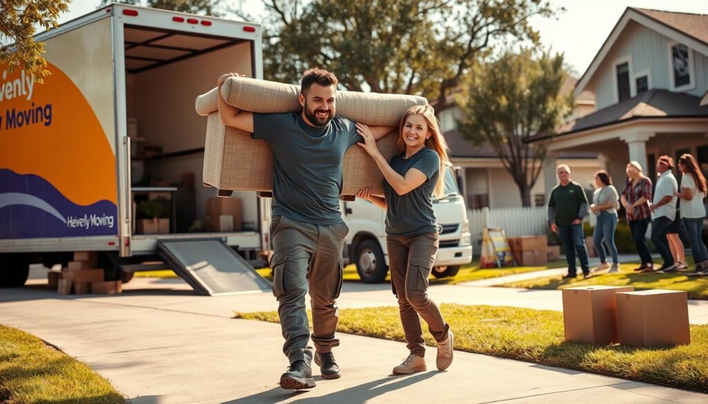 A busy moving day scene in a suburban neighborhood during daylight. In the foreground, two professional movers, a man and a woman, dressed in branded company T-shirts and cargo pants, are carefully lifting a large couch onto a moving truck with a friendly smile. The middle ground features the moving truck, painted in bright colors with a 'Heavenly Moving' logo, parked beside a single-family home surrounded by boxes and packing supplies. In the background, classic Austin architectural elements like trees and quaint houses provide a charming atmosphere. The sunlight casts soft shadows, giving the scene a warm and inviting feeling, as neighbors observe the process with friendly expressions. The angle should be slightly elevated, capturing the dynamism of the moving action. A busy moving day scene in a suburban neighborhood during daylight. In the foreground, two professional movers, a man and a woman, dressed in branded company T-shirts and cargo pants, are carefully lifting a large couch onto a moving truck with a friendly smile. The middle ground features the moving truck, painted in bright colors with a 'Heavenly Moving' logo, parked beside a single-family home surrounded by boxes and packing supplies. In the background, classic Austin architectural elements like trees and quaint houses provide a charming atmosphere. The sunlight casts soft shadows, giving the scene a warm and inviting feeling, as neighbors observe the process with friendly expressions. The angle should be slightly elevated, capturing the dynamism of the moving action.