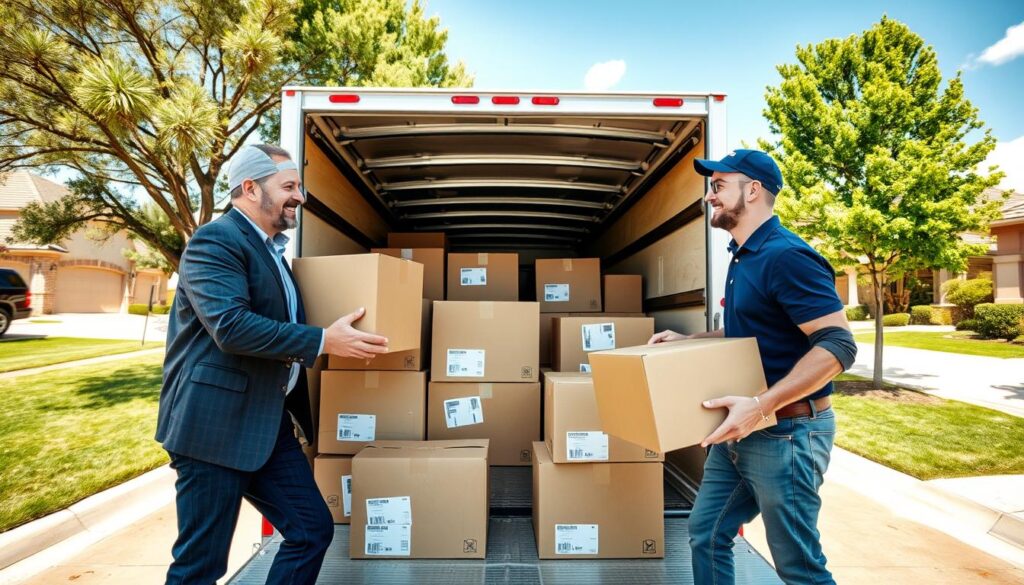 A busy moving process scene showcasing a professional yet friendly moving crew in Austin. In the foreground, two movers, dressed in smart casual attire, are carefully loading boxes into a moving truck, smiling and engaged in conversation. The middle layer features the open back of the truck filled with well-organized, labeled boxes. In the background, a sunny suburban neighborhood with green lawns, trees, and a clear blue sky sets a serene mood. The image has bright, natural lighting, emphasizing the efficiency and teamwork during the move. Use a wide-angle lens to capture the entire scene, creating a sense of community and trust in the moving experience. The atmosphere is vibrant, conveying a seamless moving day. A busy moving process scene showcasing a professional yet friendly moving crew in Austin. In the foreground, two movers, dressed in smart casual attire, are carefully loading boxes into a moving truck, smiling and engaged in conversation. The middle layer features the open back of the truck filled with well-organized, labeled boxes. In the background, a sunny suburban neighborhood with green lawns, trees, and a clear blue sky sets a serene mood. The image has bright, natural lighting, emphasizing the efficiency and teamwork during the move. Use a wide-angle lens to capture the entire scene, creating a sense of community and trust in the moving experience. The atmosphere is vibrant, conveying a seamless moving day.