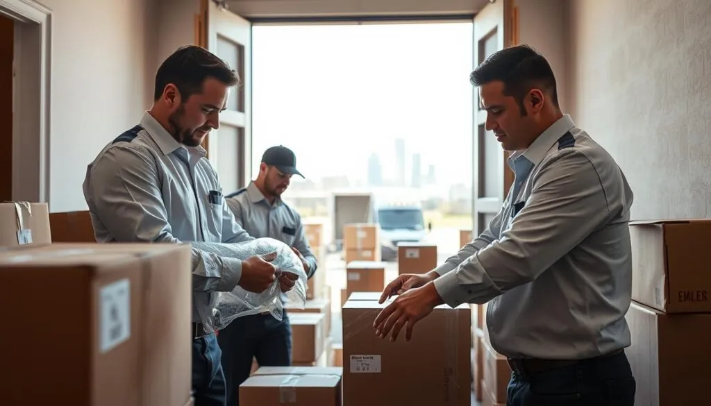 A busy moving scene depicting a full-service packing experience. In the foreground, two professional movers in neatly pressed uniforms are carefully wrapping fragile items in bubble wrap, displaying attention to detail. The middle ground reveals a variety of packed boxes, labeled and organized, illustrating an efficient packing process. In the background, a moving truck is parked, ready to load, with the city skyline of Austin visible in the distance. Soft, natural lighting streams in from an open door, creating a welcoming and industrious atmosphere. The angle is slightly elevated, providing a comprehensive view of the bustling activity while conveying a sense of trust and professionalism in the moving experience.