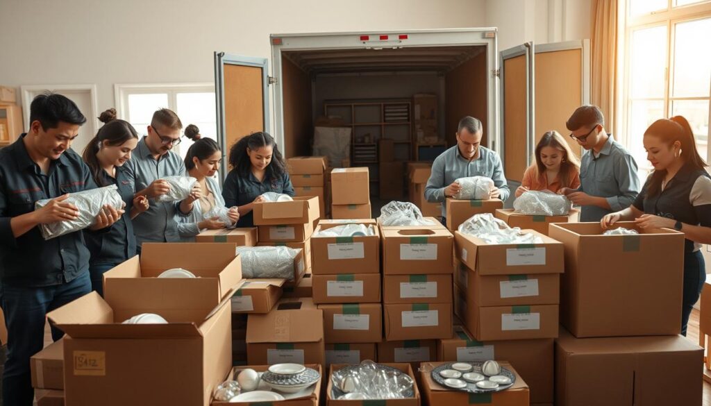 A busy moving scene showcasing a professional team packing household items with care. In the foreground, a diverse group of workers dressed in practical, professional clothing are carefully wrapping fragile items like dishes and glassware in bubble wrap, placing them into sturdy cardboard boxes. In the middle, there are neatly stacked boxes labeled with their contents, creating a sense of organization amidst the bustling activity. In the background, a moving truck is parked with its doors open, ready for loading. Soft, natural light streams in from a nearby window, casting a warm glow that conveys a sense of trust and reliability. The atmosphere feels dynamic yet organized, highlighting the importance of careful packing during a move.