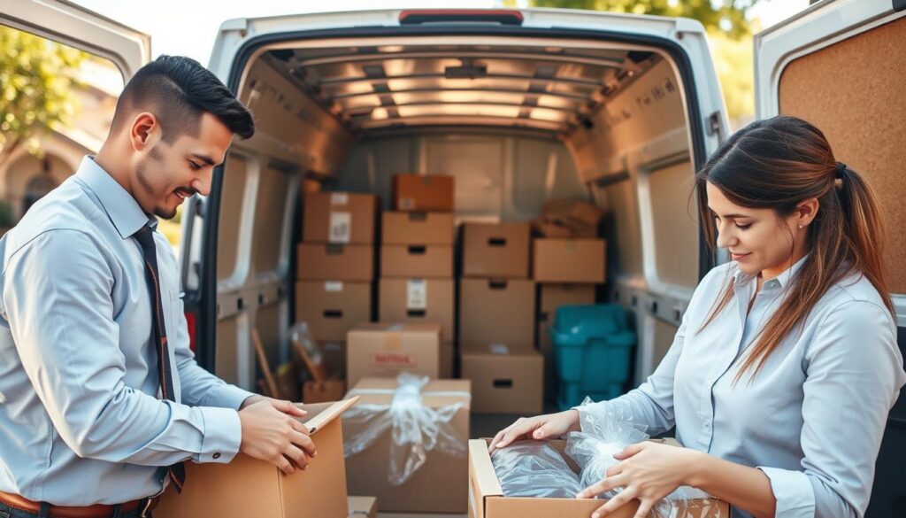 A busy moving scene showcasing full-service packing for an Austin to Florence relocation. In the foreground, two professional movers in neat business casual outfits are carefully wrapping fragile items in bubble wrap and packing them into sturdy cardboard boxes. The middle ground features a well-organized van loaded with neatly stacked boxes, demonstrating efficiency and professionalism. In the background, a sunny outdoor setting highlights a suburban neighborhood, with hints of iconic Austin architecture along with trees and greenery, suggesting a peaceful environment. Soft, natural lighting illuminates the scene, creating a warm and inviting atmosphere. Capture the sense of teamwork and care that goes into a smooth moving experience. A busy moving scene showcasing full-service packing for an Austin to Florence relocation. In the foreground, two professional movers in neat business casual outfits are carefully wrapping fragile items in bubble wrap and packing them into sturdy cardboard boxes. The middle ground features a well-organized van loaded with neatly stacked boxes, demonstrating efficiency and professionalism. In the background, a sunny outdoor setting highlights a suburban neighborhood, with hints of iconic Austin architecture along with trees and greenery, suggesting a peaceful environment. Soft, natural lighting illuminates the scene, creating a warm and inviting atmosphere. Capture the sense of teamwork and care that goes into a smooth moving experience.