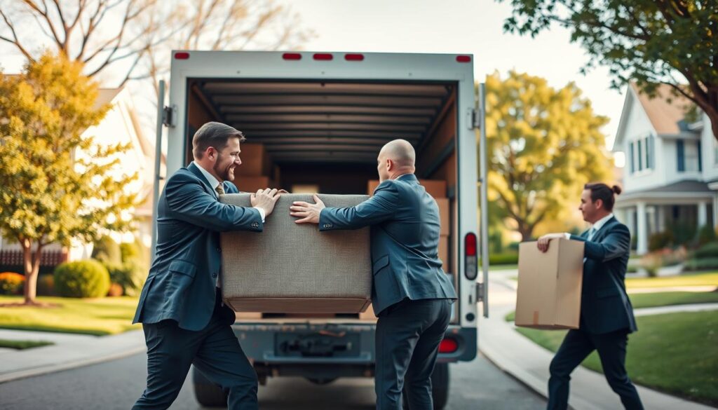 A busy moving scene showcasing professional movers assisting with comprehensive services for homes and offices. In the foreground, two movers in smart business attire carefully load a couch into the back of a moving truck, displaying teamwork and efficiency. In the middle ground, a well-organized moving truck is open, revealing neatly packed boxes and furniture. The background features a charming suburban neighborhood, with classic homes and lush trees, evoking a sense of community. Soft daylight filters through the scene, creating a warm and welcoming atmosphere. The image is shot from a slight low angle to emphasize the professionalism of the movers and the quality of service, capturing the essence of a smooth country moving experience.
