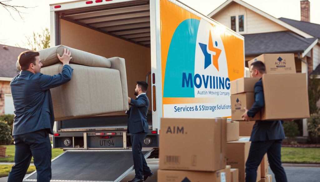 A busy moving scene showcasing professional movers in smart business attire carefully loading furniture and boxes into a moving truck. In the foreground, strong individuals are lifting a sofa and stacking cardboard boxes, conveying teamwork and efficiency. In the middle ground, a large, vibrant moving truck is parked, emblazoned with the logo of a local Austin moving company. The background features the exterior of a classic Texan house with a well-maintained lawn, hinting at a suburban setting. Soft afternoon sunlight casts warm, inviting tones across the scene, creating a sense of trust and reliability. The overall atmosphere is bustling yet organized, emphasizing comprehensive moving services and storage solutions in a friendly, approachable manner.