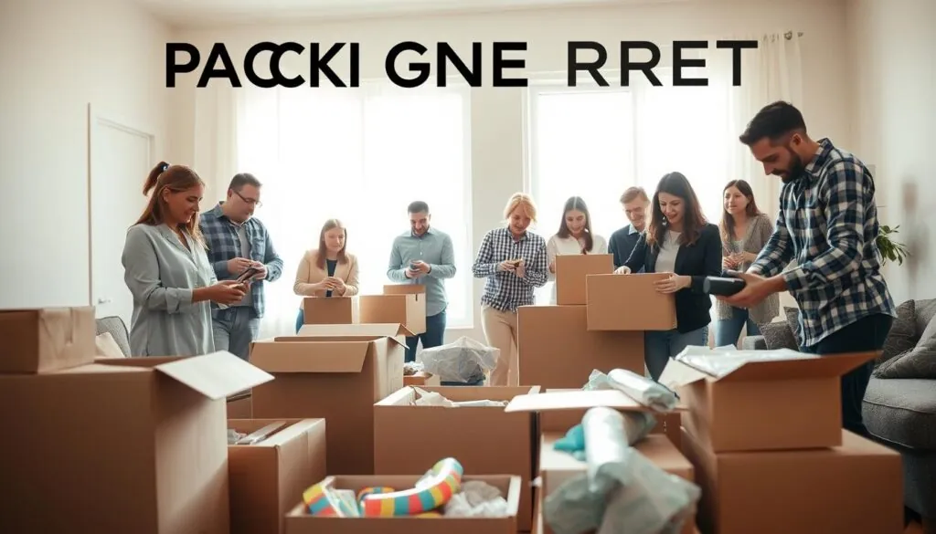 A busy packing scene in a well-lit living room. In the foreground, a diverse group of individuals in casual, professional attire is carefully organizing items into sturdy cardboard boxes. One person is sealing a box with tape, while another is labeling it with a marker. In the middle ground, colorful packing materials like bubble wrap and packing paper are scattered around, alongside partially filled boxes. The background features a window letting in soft, natural light, enhancing the warmth of the space. The atmosphere is focused and collaborative, evoking a sense of organization and preparation for a move, embodying the theme of packing done right. The overall composition should be inviting and visually engaging, capturing the essence of a well-coordinated moving process.