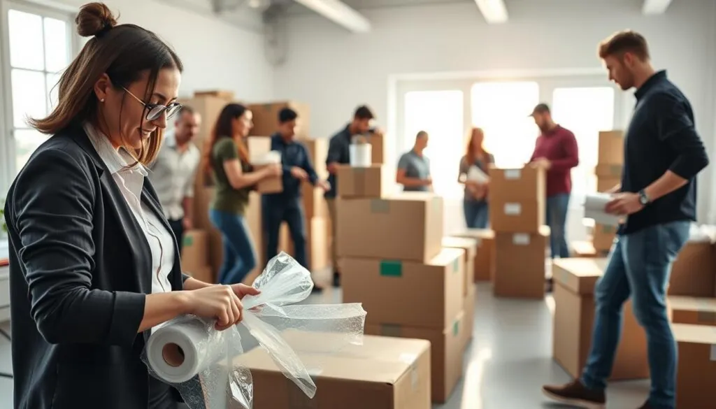 A busy packing service scene in a bright, organized moving company workspace. In the foreground, a professional mover in smart, modest casual attire carefully wraps fragile items with bubble wrap, showcasing attention to detail. In the middle ground, a diverse team of movers collaborates to stack labeled moving boxes, emphasizing teamwork. The background features bright, natural light streaming through large windows, illuminating the workspace filled with moving supplies like boxes, tape, and packing paper. The angle is slightly elevated, giving a panoramic view of the dynamic movement and activity. The overall mood is energetic yet professional, highlighting a service tailored to meet customer needs in a friendly and efficient atmosphere.