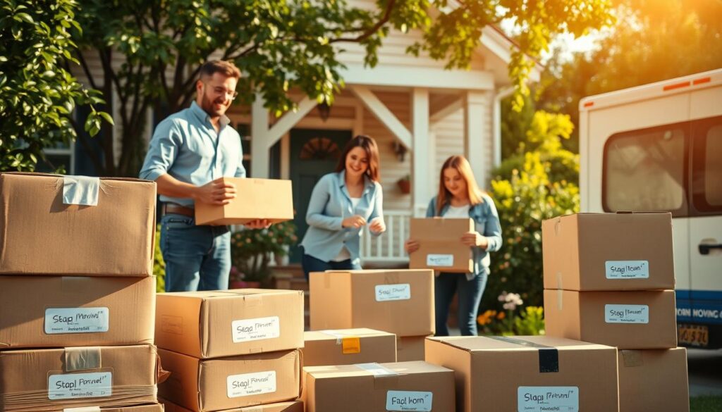 A busy residential moving scene featuring a cheerful family in professional casual attire unpacking boxes outside their charming new home, surrounded by lush greenery. In the foreground, stacked moving boxes are labeled with various household items. In the middle ground, the family members are working together, with one person carrying a box while another affixes labels to the items. In the background, a bright sunny day casts warm light on a cozy house, with a welcoming front porch, and nearby, a van from a moving company is parked. The overall mood is positive and energetic, reflecting the excitement and teamwork involved in a residential move. The angle is slightly elevated, showcasing the entire scene with a lens that highlights the colors and details, creating a vibrant and inviting atmosphere.