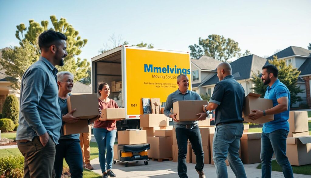 A busy, well-organized moving scene at a residential home, showcasing a team of professional movers in casual yet neat clothing, carefully loading boxes onto a moving truck. In the foreground, movers are smiling and communicating effectively, creating a sense of teamwork. In the middle ground, a large, brightly colored moving truck with the words "Full-Service Moving Solutions" on its side is parked, surrounded by neatly stacked boxes and furniture waiting to be loaded. The background features a suburban neighborhood with trees and a clear blue sky, emphasizing a sunny day. Soft, natural lighting enhances the warmth and professionalism of the scene, lending a welcoming atmosphere to the image. The angle is slightly elevated, providing a comprehensive view of the moving process.