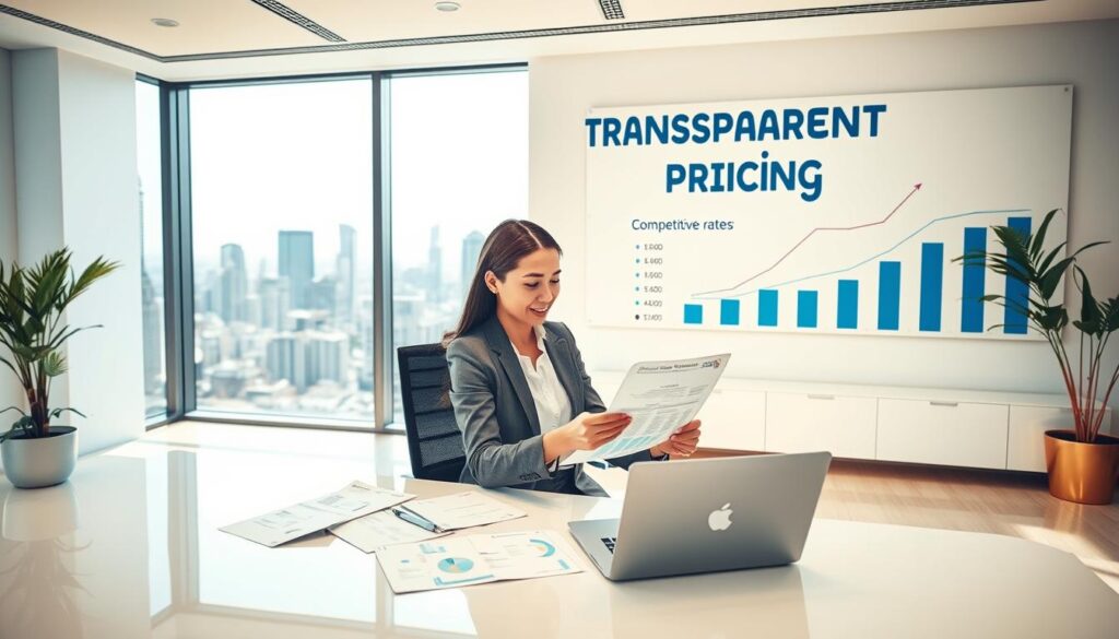 A clean and modern office setting that embodies the concept of "transparent pricing." In the foreground, a professional-looking woman in business attire is seated at a sleek desk, analyzing clear pricing charts and documents that are neatly organized. In the middle ground, a large window reveals a glimpse of a bustling city, symbolizing competition and vibrant business. The background features minimalist decor with a large, stylish banner that visually represents competitive rates, using simple yet effective graphics. The lighting is bright and inviting, with natural light streaming in, creating a warm atmosphere. The overall mood is professional, transparent, and reassuring, emphasizing reliability and clarity in pricing.
