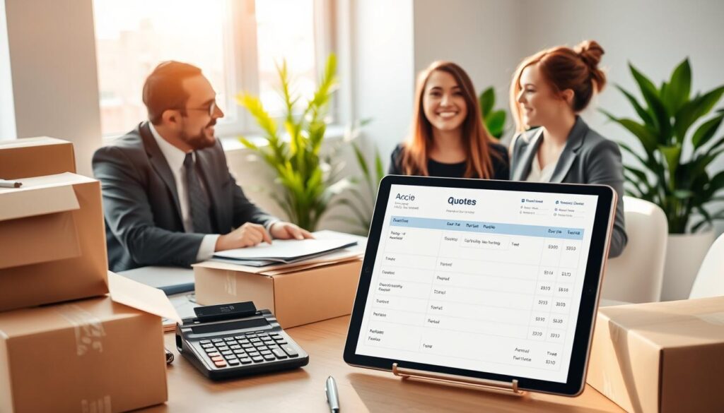 A clean and modern office space serves as the backdrop, featuring a large desk cluttered with moving boxes, a calculator, and a notepad with a pen. In the foreground, a professional man in business attire is discussing quotes with a cheerful woman dressed in smart casual clothing, showcasing friendly communication. Soft sunlight streams through a nearby window, casting warm, inviting light across the room. The middle ground includes a digital tablet displaying a detailed quote layout, emphasizing clarity and transparency in services. Subtle green plants in the background create a fresh atmosphere, enhancing the notion of trust and reliability. The overall mood is friendly and professional, promoting a sense of urgency and excitement about local moving services.