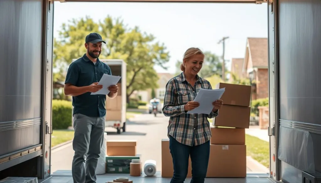 A clean and organized moving scene depicting the moving process from the initial quote to unloading. In the foreground, a friendly, professional mover in modest casual clothing stands next to a packed moving truck, reviewing paperwork with a client who looks relieved and excited. In the middle, the moving truck is open, revealing neatly stacked boxes and furniture. Various moving supplies like bubble wrap and packing tape are visible on the ground. In the background, a sunny suburban street in Austin leading to the rural charm of Bastrop, featuring green trees and quaint houses, creates a welcoming atmosphere. The lighting is bright and natural, emphasizing a sense of clarity and simplicity, suggesting a stress-free moving experience. A clean and organized moving scene depicting the moving process from the initial quote to unloading. In the foreground, a friendly, professional mover in modest casual clothing stands next to a packed moving truck, reviewing paperwork with a client who looks relieved and excited. In the middle, the moving truck is open, revealing neatly stacked boxes and furniture. Various moving supplies like bubble wrap and packing tape are visible on the ground. In the background, a sunny suburban street in Austin leading to the rural charm of Bastrop, featuring green trees and quaint houses, creates a welcoming atmosphere. The lighting is bright and natural, emphasizing a sense of clarity and simplicity, suggesting a stress-free moving experience.