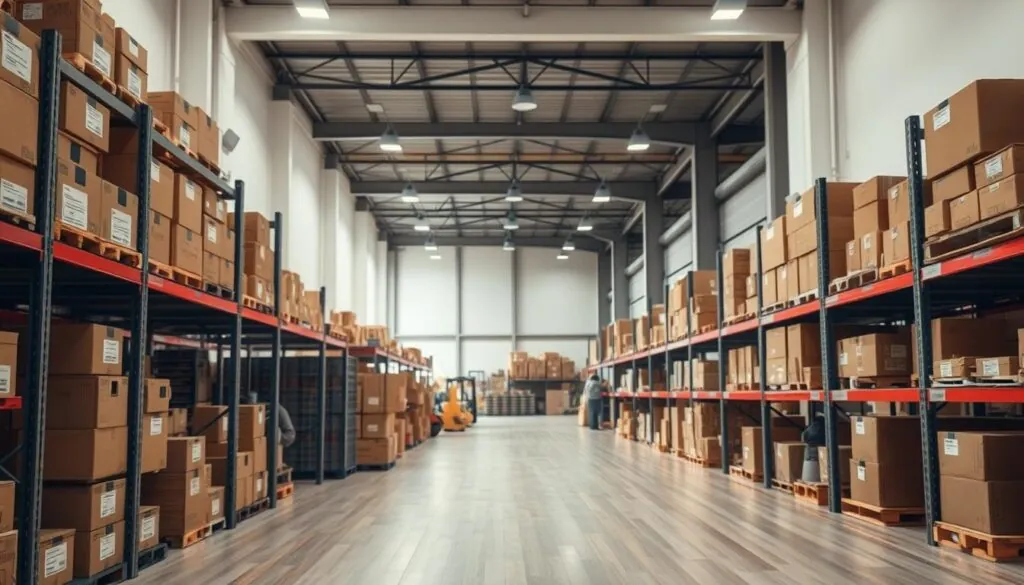 A clean and organized storage facility, showcasing a neat arrangement of boxes and various stored items. In the foreground, emphasize sturdy shelving units filled with labeled boxes, offering a sense of order. In the middle ground, include a spacious section of the warehouse with a light wood floor and strategically placed, well-lit areas enhancing the visibility of the contents. The background features high ceilings and large windows, allowing natural light to stream in, creating a warm and inviting atmosphere. The overall mood is calm and efficient, reflective of a reliable storage solution. Utilize soft, diffused lighting to evoke a sense of security and professionalism, captured from a slightly elevated angle to convey depth and perspective.