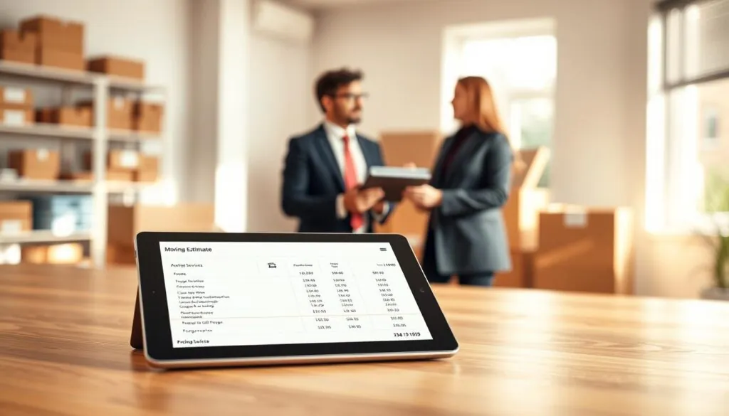 A clean, modern office setting in a soft, natural light, showcasing a wooden desk in the foreground with a detailed pricing estimate quote prominently displayed on a sleek digital tablet. The quote details various moving services with clear line items and subtle graphics representing moving boxes and trucks. In the middle ground, a professional businessperson in smart attire is engaged in conversation with a client, both looking at the tablet with interest. In the background, blurred shelves filled with moving supplies add context, while a window lets in warm sunshine, creating an inviting and stress-free atmosphere. The overall mood conveys clarity, professionalism, and trust, ideal for a service-focused environment. A clean, modern office setting in a soft, natural light, showcasing a wooden desk in the foreground with a detailed pricing estimate quote prominently displayed on a sleek digital tablet. The quote details various moving services with clear line items and subtle graphics representing moving boxes and trucks. In the middle ground, a professional businessperson in smart attire is engaged in conversation with a client, both looking at the tablet with interest. In the background, blurred shelves filled with moving supplies add context, while a window lets in warm sunshine, creating an inviting and stress-free atmosphere. The overall mood conveys clarity, professionalism, and trust, ideal for a service-focused environment.