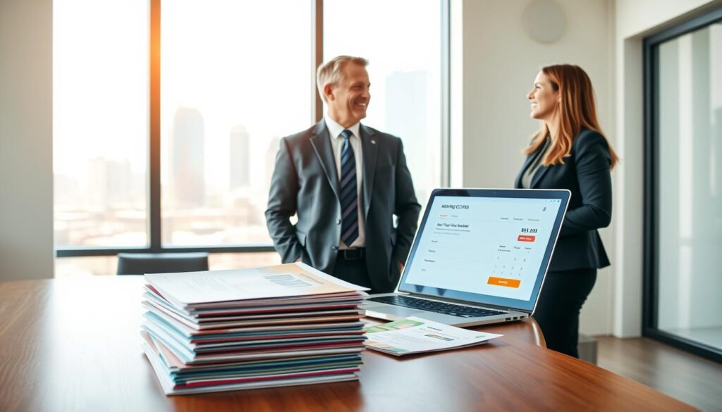 A clean, modern office space with a large wooden desk in the foreground, featuring a neatly arranged stack of colorful moving quotes and brochures. On the desk, a laptop displays a clear and friendly interface with a moving quote calculator visible. In the middle ground, a well-dressed professional, a middle-aged man in a suit, discusses moving options with a content client, a woman in business casual attire, smiling and nodding. The background showcases a bright window with a view of the Austin skyline, bathed in warm, natural light. The atmosphere feels professional yet inviting, emphasizing trust and transparency in the moving process, with soft-focus elements to convey optimism and friendliness.