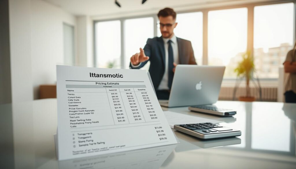 A clear and inviting workspace featuring a sleek, modern desk with a transparent pricing estimate document prominently displayed. The document should showcase itemized costs in a clean, structured format, highlighting clarity and transparency. In the foreground, include a professional person in business attire, pointing at the document while discussing it with a client, conveying trust and professionalism. In the middle ground, a laptop and a calculator suggest active planning and deliberation. The background features a large window allowing natural light to flood in, creating a warm and welcoming atmosphere. Use soft, diffused lighting to enhance the sense of openness and professionalism, capturing the essence of reliable, transparent pricing in the context of moving services.